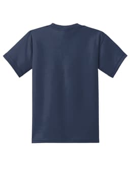 A navy blue youth t-shirt with a straight back and short sleeves, featuring a logo.