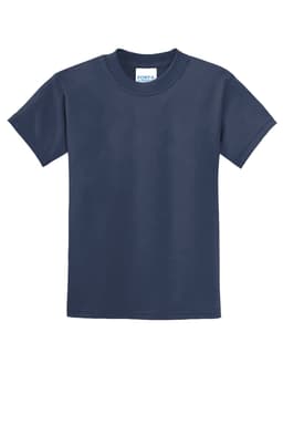 A navy blue youth t-shirt with short sleeves and a logo on the label.