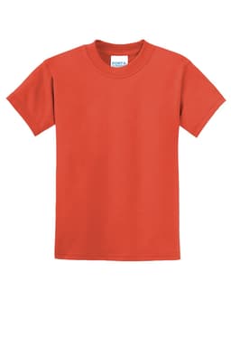 A red youth t-shirt with a crew neckline and short sleeves, featuring a brand logo.