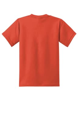 A youth t-shirt in bright red, featuring a crew neck and short sleeves. The back view shows a smooth fabric finish.