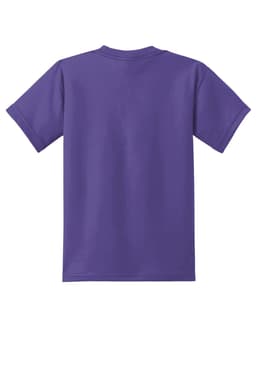 A purple youth t-shirt with short sleeves, featuring a plain back and a logo.