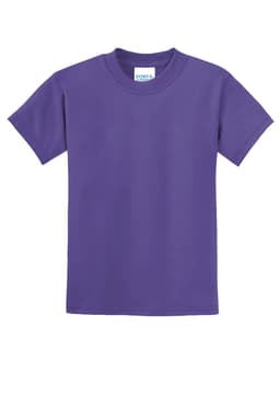 A purple youth t-shirt with short sleeves and a tag indicating the brand Port & Company.