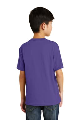A young boy wearing a plain purple youth T-shirt, viewed from the back, with a logo on the shirt.