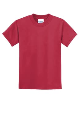 A red youth t-shirt featuring a logo on the label. It has short sleeves and a classic cut.