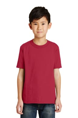 A youth in a maroon T-shirt stands against a white background. The T-shirt features a logo.