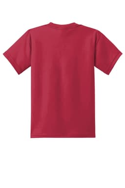 A red youth t-shirt with short sleeves and a plain back, featuring a logo.