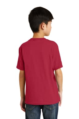A red youth t-shirt with short sleeves, featuring a plain back view.