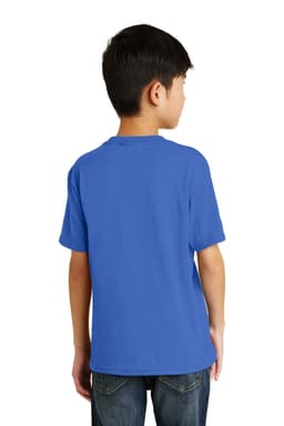 A blue youth t-shirt with short sleeves, featuring a plain back and a logo.
