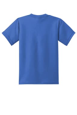 A blue youth t-shirt featuring a plain back and short sleeves, with a logo present.