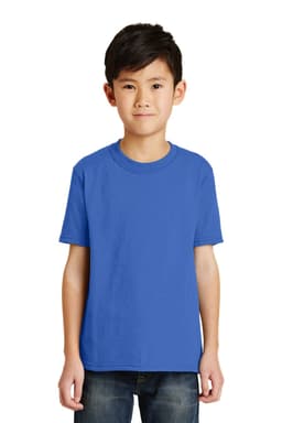 A youth t-shirt in bright blue, displayed on a young boy, featuring a simple design and a logo.