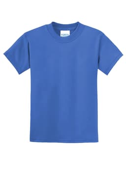 A blue youth t-shirt with short sleeves and a round neckline, featuring a logo on the tag.
