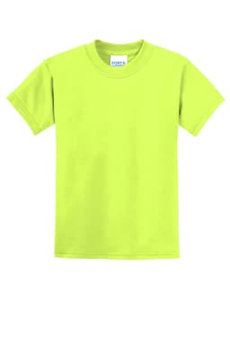 A bright yellow youth t-shirt featuring a logo, designed for casual wear.
