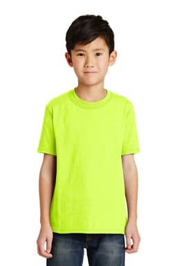 A youth t-shirt in bright lime green, featuring a standard crew neck and short sleeves. It has a logo on the front.