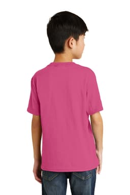 A youth t-shirt in bright pink, viewed from the back, featuring a logo. Suitable for casual wear.