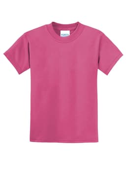 A pink youth t-shirt featuring short sleeves and a crew neckline. The shirt includes a brand logo.