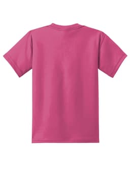 A pink youth t-shirt featuring short sleeves and a classic crew neck, with a branding logo.