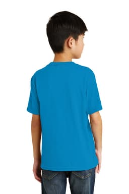 A youth t-shirt in bright blue, featuring a plain design and a logo on the back.