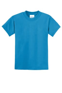 A youth t-shirt in bright blue with short sleeves, featuring a label at the neckline.