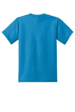 A youth t-shirt in bright blue, featuring a simple design and a logo on the back.