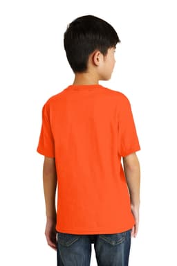 A boy wearing an orange youth T-shirt, viewed from the back. The shirt has a simple design and short sleeves.