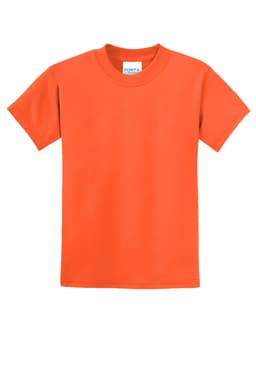 An orange youth t-shirt featuring short sleeves and a tag at the neckline. It has a logo or branding.