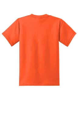 An orange youth t-shirt with short sleeves and a plain back, featuring a logo.