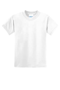 A plain white youth t-shirt featuring short sleeves and a crew neck, with a branding label inside.