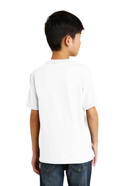 A white youth t-shirt with short sleeves, viewed from the back. The shirt is simple and unadorned.