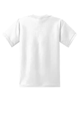 A plain white youth t-shirt featuring short sleeves and a back view. It has a logo.