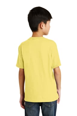 A yellow youth t-shirt from Port & Company, viewed from the back, modelled by a child. Features a logo.