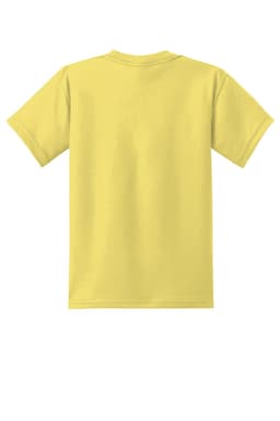 A yellow youth t-shirt featuring a classic crew neck design and a plain back. It has a logo on the label.