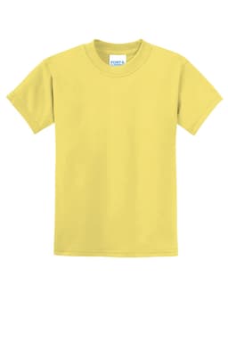 A yellow youth t-shirt featuring a round neckline and short sleeves, with a small logo on the label.