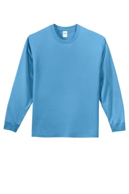 A long sleeve essential tee in light blue featuring a round neck and a logo on the tag.