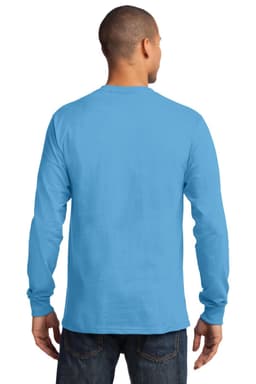 A man wearing a long sleeve essential tee in a vibrant blue colour, viewed from the back. The shirt has a logo.