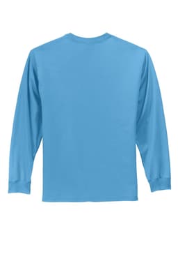 A light blue long sleeve essential tee with a plain back and a logo.