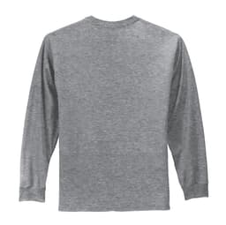A long sleeve essential tee in grey, featuring a plain back and a simple design. It includes a logo on the label.