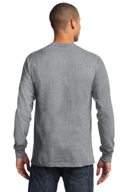 A man wearing a grey long sleeve essential tee, viewed from the back. The shirt features a logo.