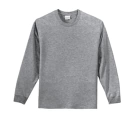 A grey long sleeve essential tee featuring a crew neck and a logo on the label.