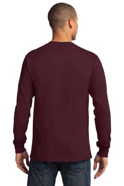 A long sleeve essential tee in burgundy, featuring a plain back and a logo. Suitable for casual wear.