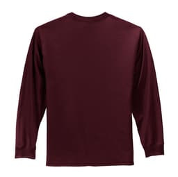 A maroon long sleeve essential tee viewed from the back, featuring a plain design with a logo.