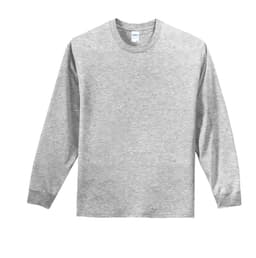 A long sleeve grey essential tee with a crew neckline and a logo located on the front.