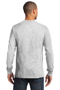 A grey long sleeve essential tee shown from the back, featuring a simple design with a logo.
