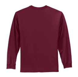 A long sleeve essential tee in maroon, featuring a solid design and a logo on the back.