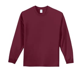 A maroon long sleeve essential tee with a round neckline and a logo on the label.