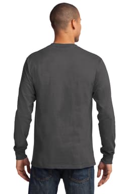 A long sleeve essential tee in dark grey, featuring a plain back and a fitted style.
