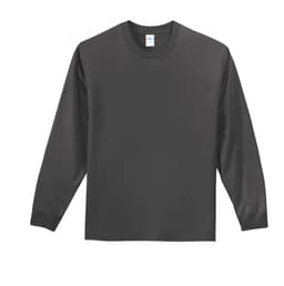A long sleeve essential tee in dark grey, featuring a plain design and a logo on the label.