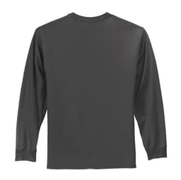 A long sleeve essential tee in dark grey, featuring a simple design with a logo on the back.