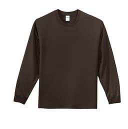 A long sleeve essential tee in dark brown with a crew neck and a logo on the tag.