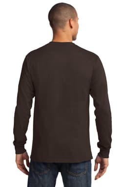 A long sleeve essential tee in dark brown, featuring a simple design and a logo on the back.