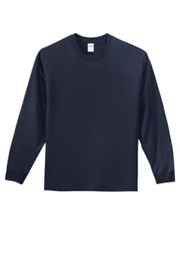 A long sleeve essential tee in navy blue, featuring a crew neck and a logo on the label.